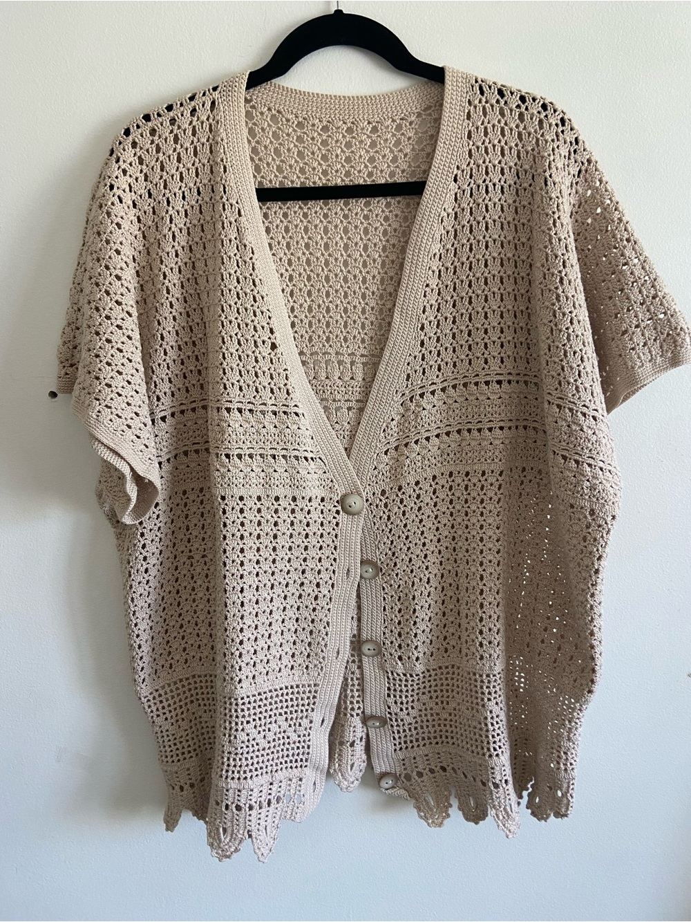 Beige Crochet Button-Front Women's Sweater Cardigan Oversized Large 100% Cotton - Picture 5 of 5